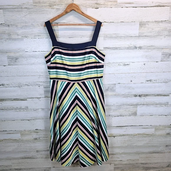Boden Striped Fit & Flare Dress 16 Cotton Lined Square Neck Nautical Summer